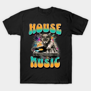 HOUSE MUSIC  - Feline Dj On Decks 2 (teal/orange) T-Shirt